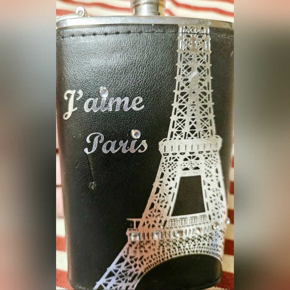 J'aime Paris Stainless Steel 5oz Flask Eiffel Tower Rhinestones 4.5" - Picture 5 of 9